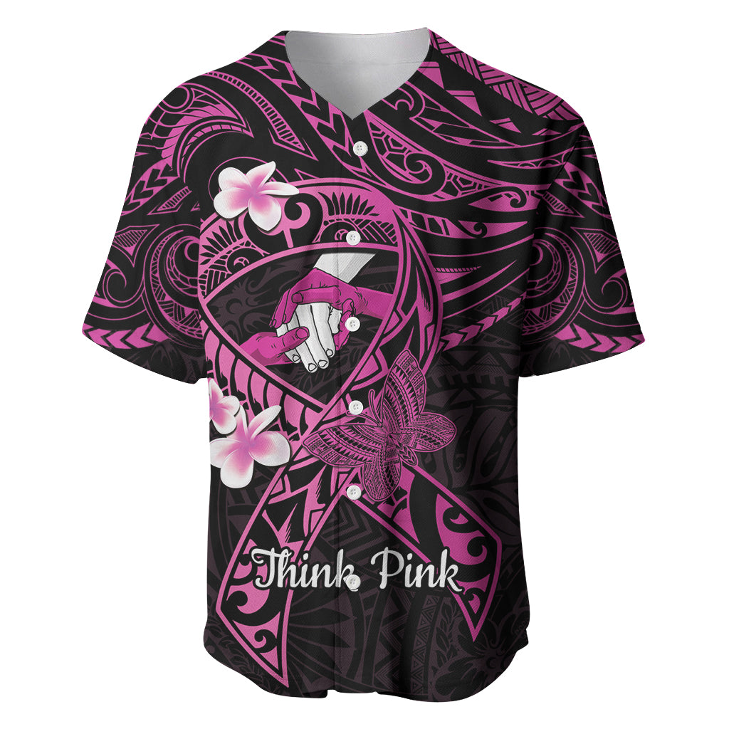 Polynesia Breast Cancer Awareness Baseball Jersey Pink Ribbon No One Fights Alone - Black