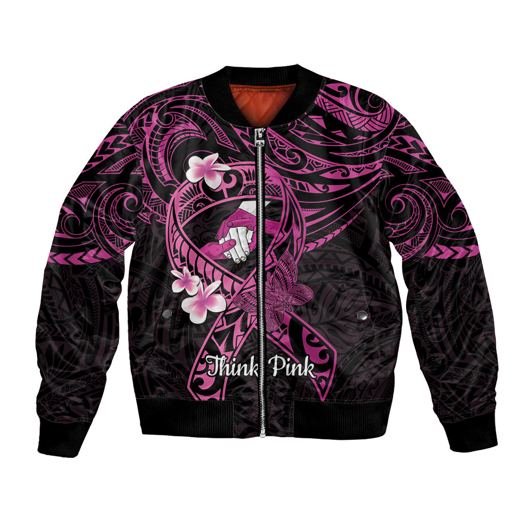 Polynesia Breast Cancer Awareness Bomber Jacket Pink Ribbon No One Fights Alone - Black LT14 Unisex Black - Polynesian Pride