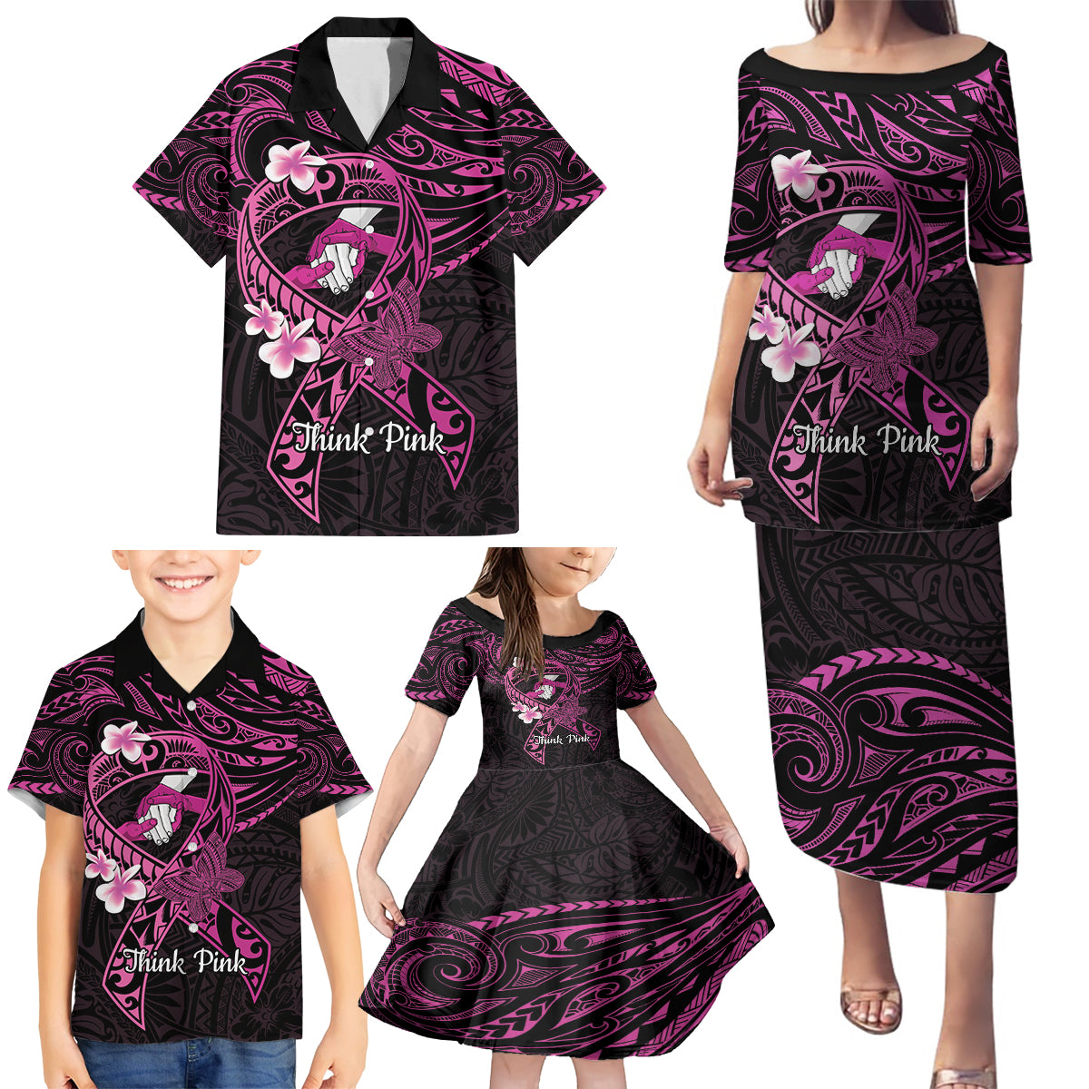 Polynesia Breast Cancer Awareness Family Matching Puletasi and Hawaiian Shirt Pink Ribbon No One Fights Alone - Black