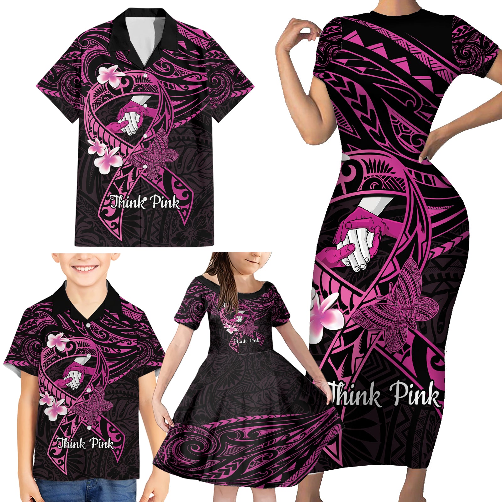 Polynesia Breast Cancer Awareness Family Matching Short Sleeve Bodycon Dress and Hawaiian Shirt Pink Ribbon No One Fights Alone - Black