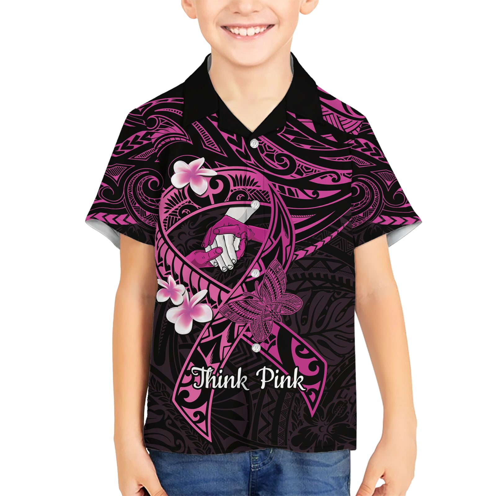 Polynesia Breast Cancer Awareness Kid Hawaiian Shirt Pink Ribbon No One Fights Alone - Black LT14 Kid Black - Polynesian Pride