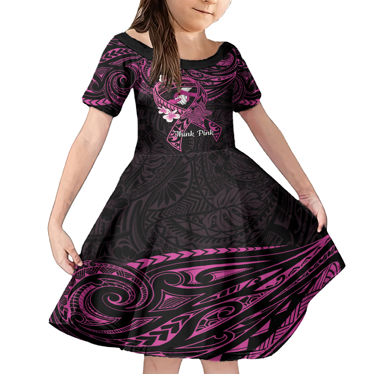 Polynesia Breast Cancer Awareness Kid Short Sleeve Dress Pink Ribbon No One Fights Alone - Black LT14 KID Black - Polynesian Pride