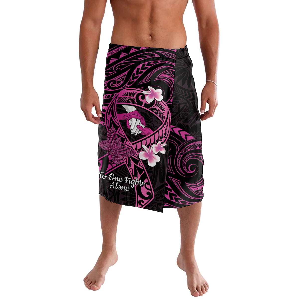 Polynesia Breast Cancer Awareness Lavalava Pink Ribbon No One Fights Alone - Black LT14 Black - Polynesian Pride