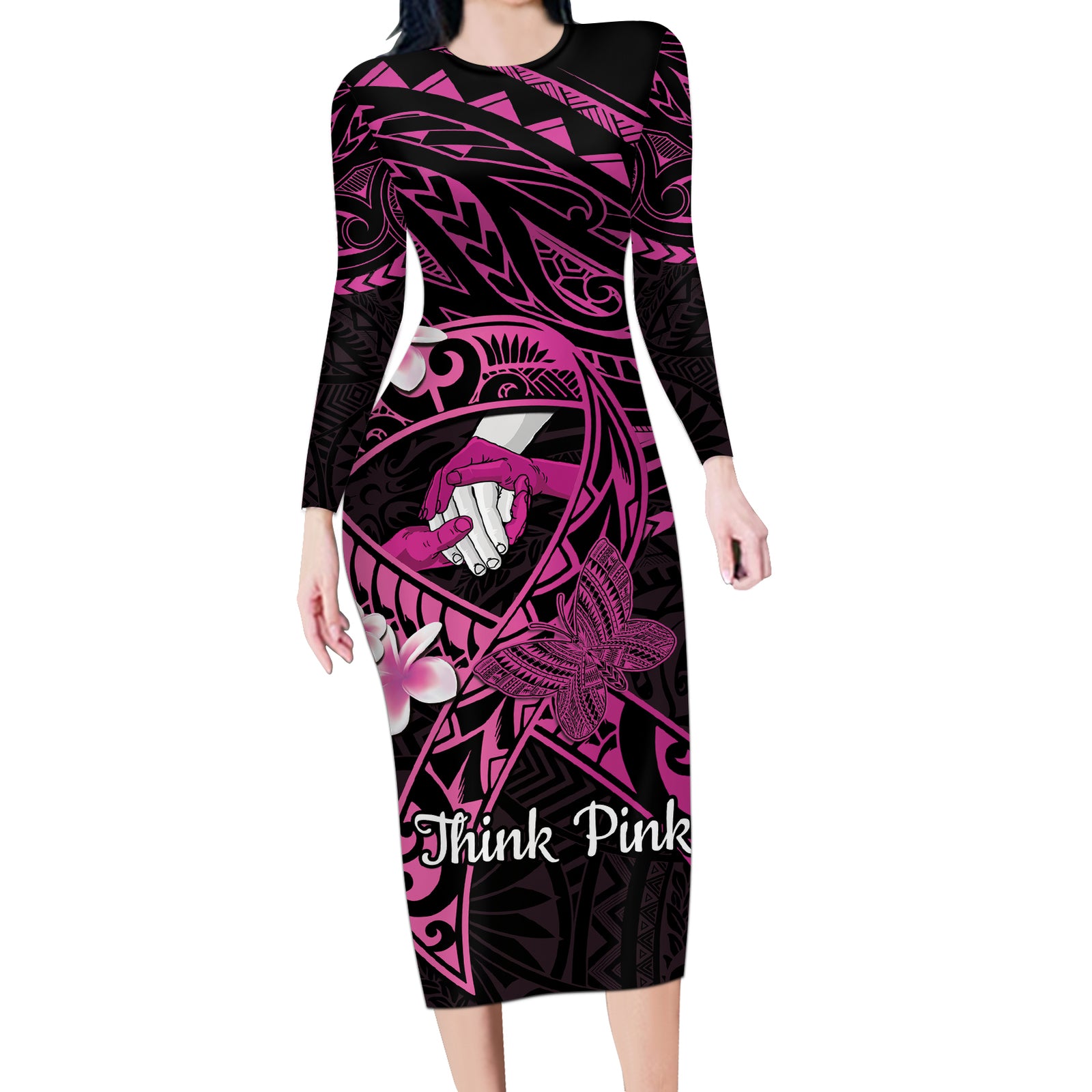 Polynesia Breast Cancer Awareness Long Sleeve Bodycon Dress Pink Ribbon No One Fights Alone - Black LT14 Long Dress Black - Polynesian Pride
