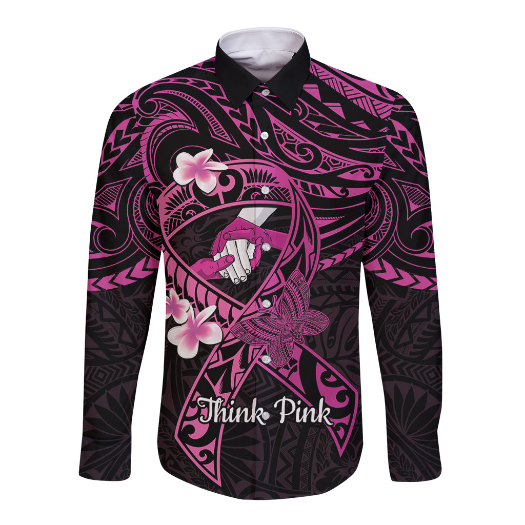 Polynesia Breast Cancer Awareness Long Sleeve Button Shirt Pink Ribbon No One Fights Alone - Black LT14 Unisex Black - Polynesian Pride