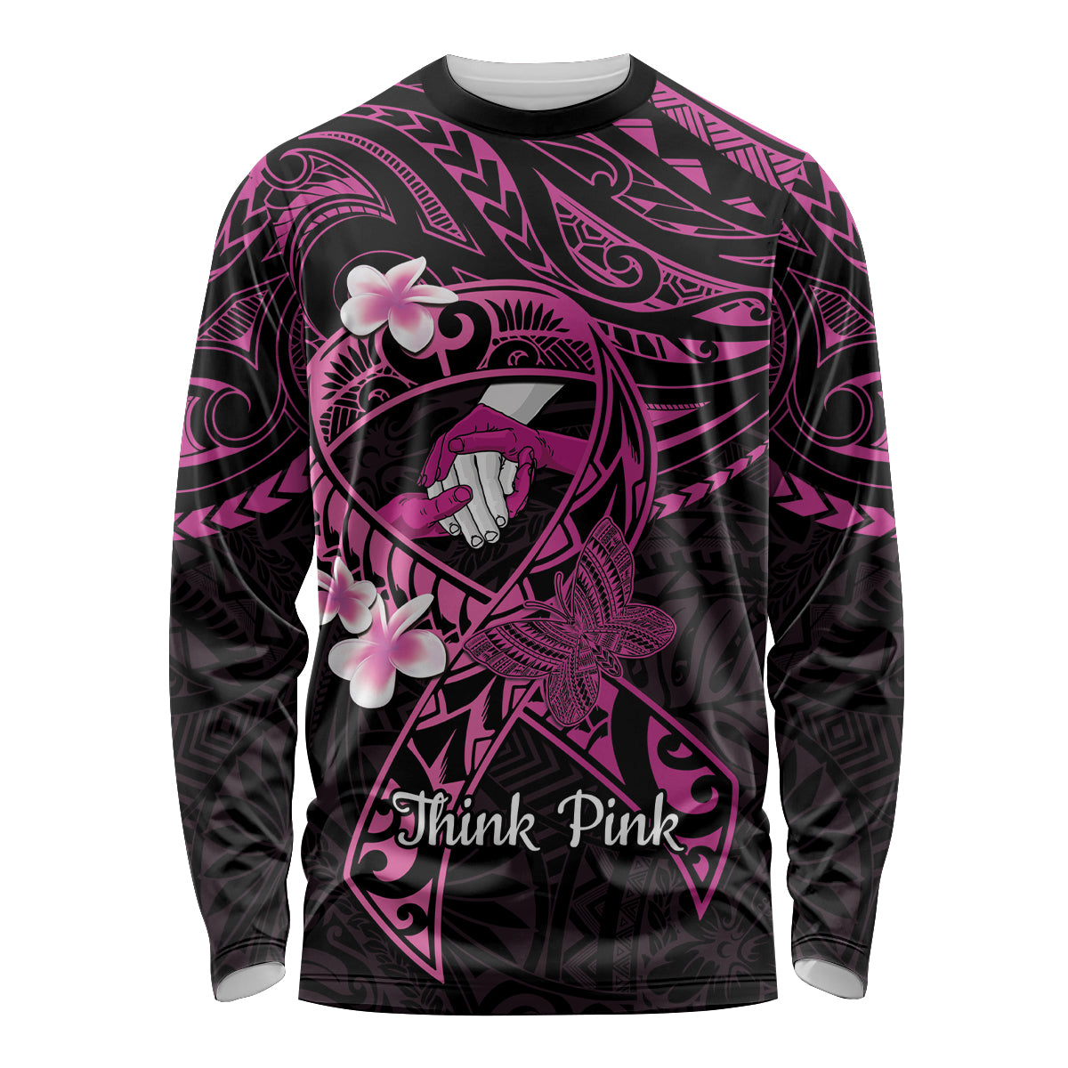 Polynesia Breast Cancer Awareness Long Sleeve Shirt Pink Ribbon No One Fights Alone - Black LT14 Unisex Black - Polynesian Pride