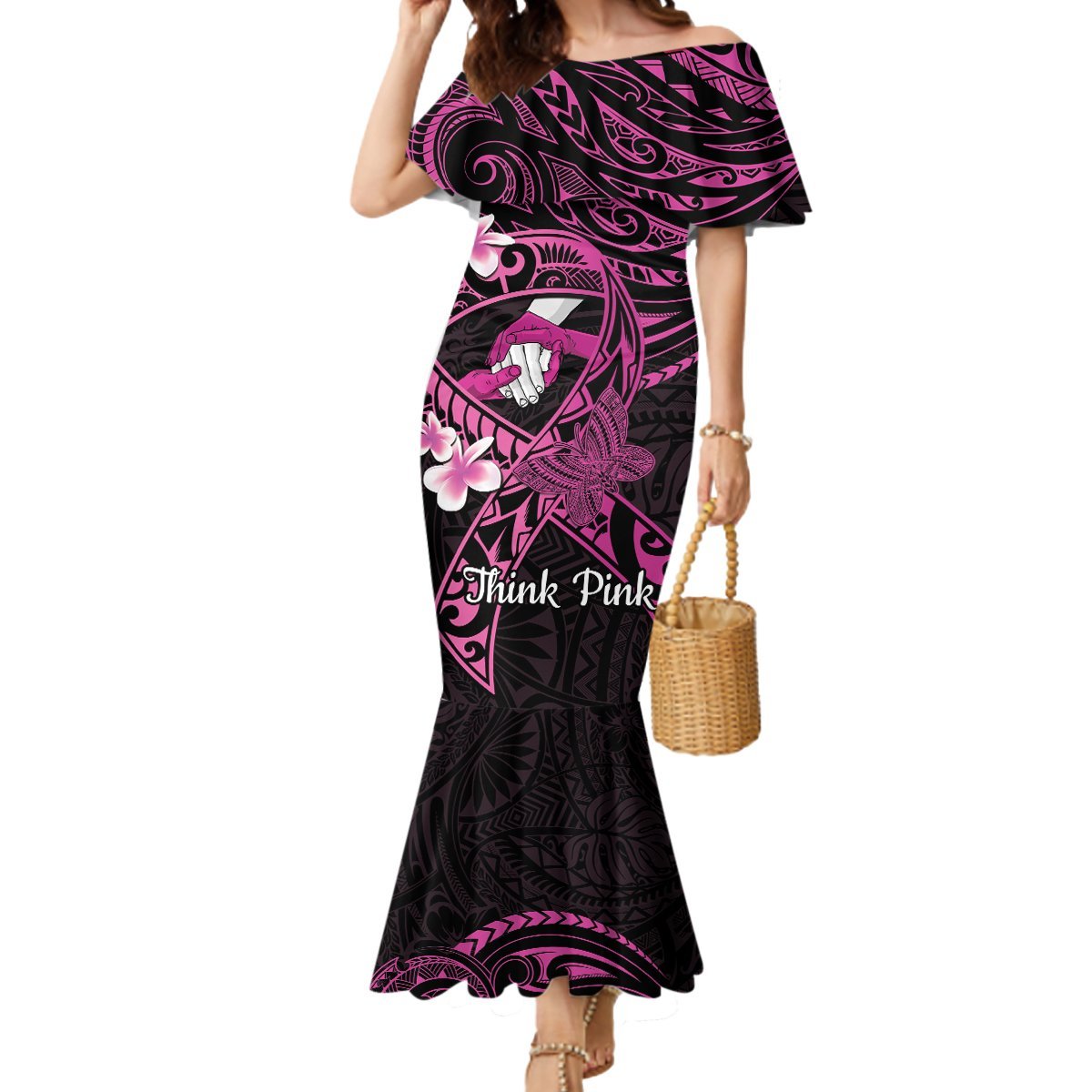 Polynesia Breast Cancer Awareness Mermaid Dress Pink Ribbon No One Fights Alone - Black LT14 Women Black - Polynesian Pride