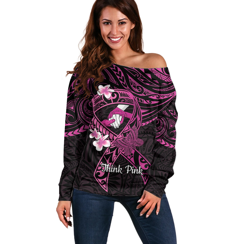 Polynesia Breast Cancer Awareness Off Shoulder Sweater Pink Ribbon No One Fights Alone - Black LT14 Women Black - Polynesian Pride
