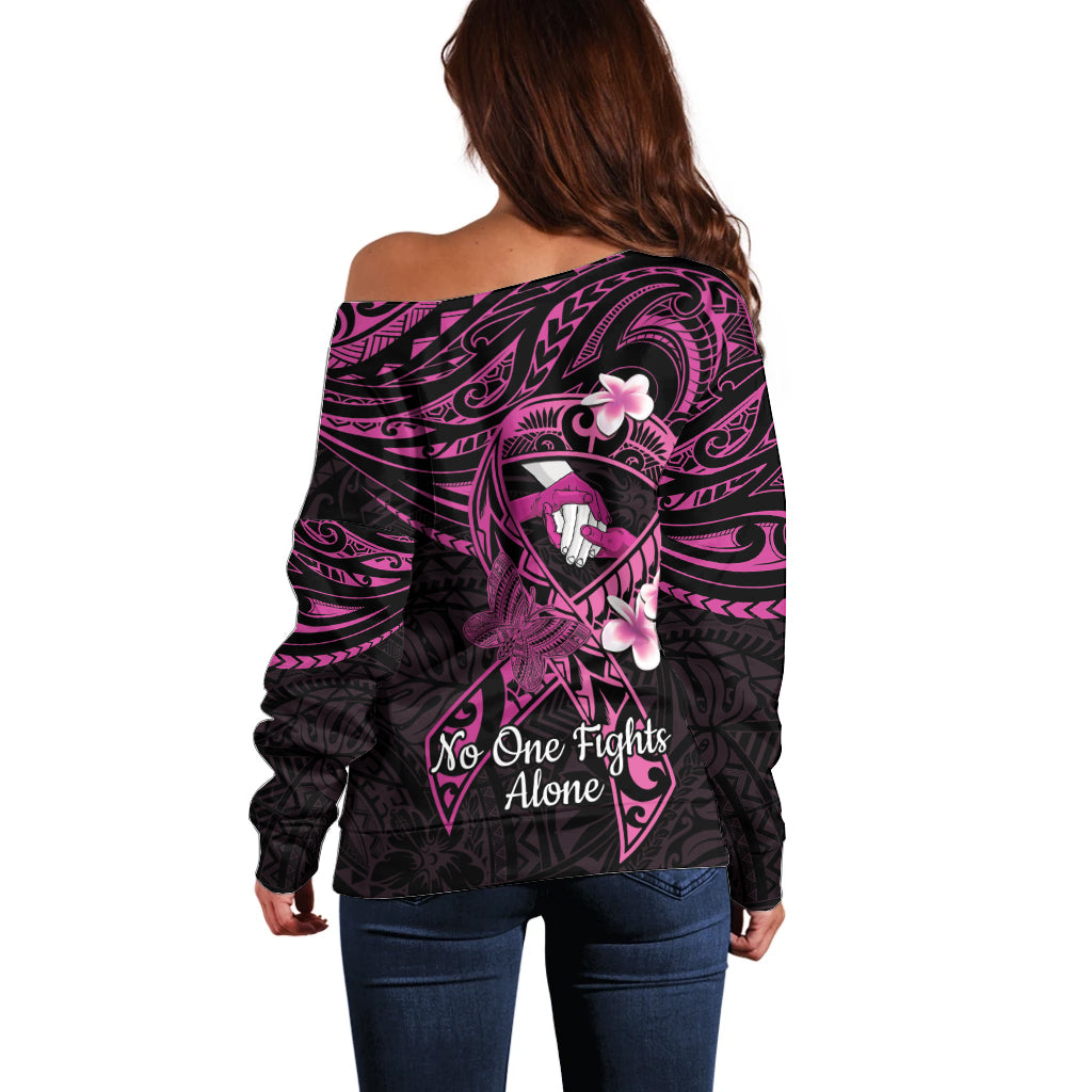 Polynesia Breast Cancer Awareness Off Shoulder Sweater Pink Ribbon No One Fights Alone - Black LT14 - Polynesian Pride