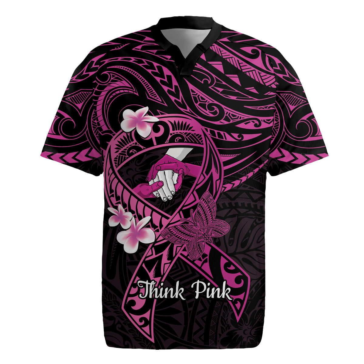 Polynesia Breast Cancer Awareness Rugby Jersey Pink Ribbon No One Fights Alone - Black