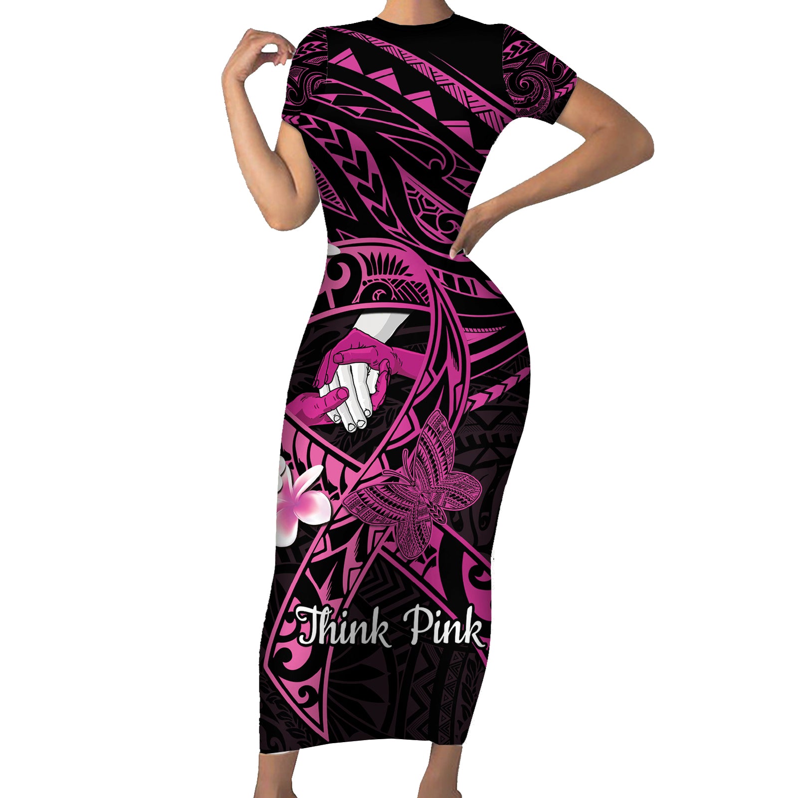 Polynesia Breast Cancer Awareness Short Sleeve Bodycon Dress Pink Ribbon No One Fights Alone - Black LT14 Long Dress Black - Polynesian Pride