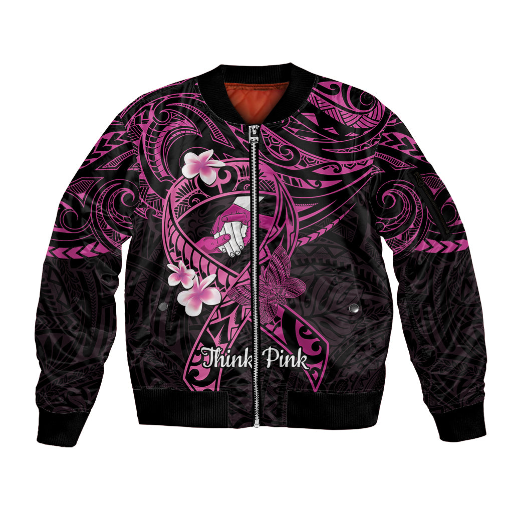 Polynesia Breast Cancer Awareness Sleeve Zip Bomber Jacket Pink Ribbon No One Fights Alone - Black LT14 Unisex Black - Polynesian Pride