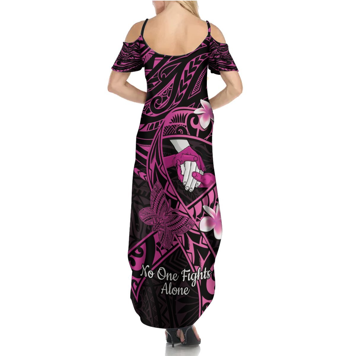 Polynesia Breast Cancer Awareness Summer Maxi Dress Pink Ribbon No One Fights Alone - Black LT14 - Polynesian Pride