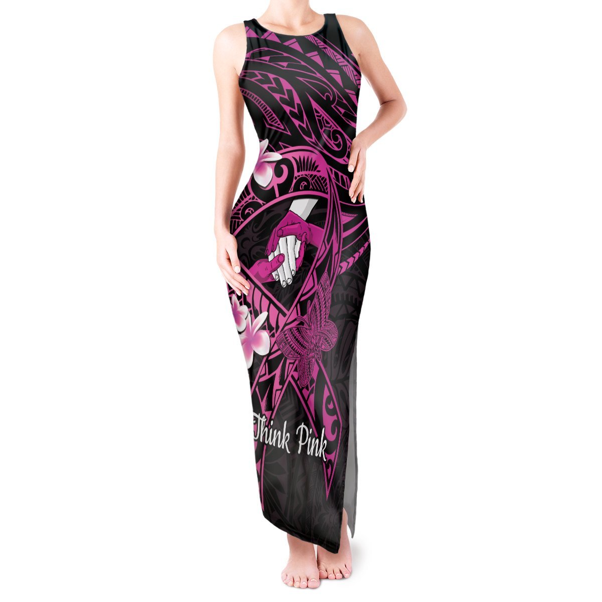 Polynesia Breast Cancer Awareness Tank Maxi Dress Pink Ribbon No One Fights Alone - Black LT14 Women Black - Polynesian Pride