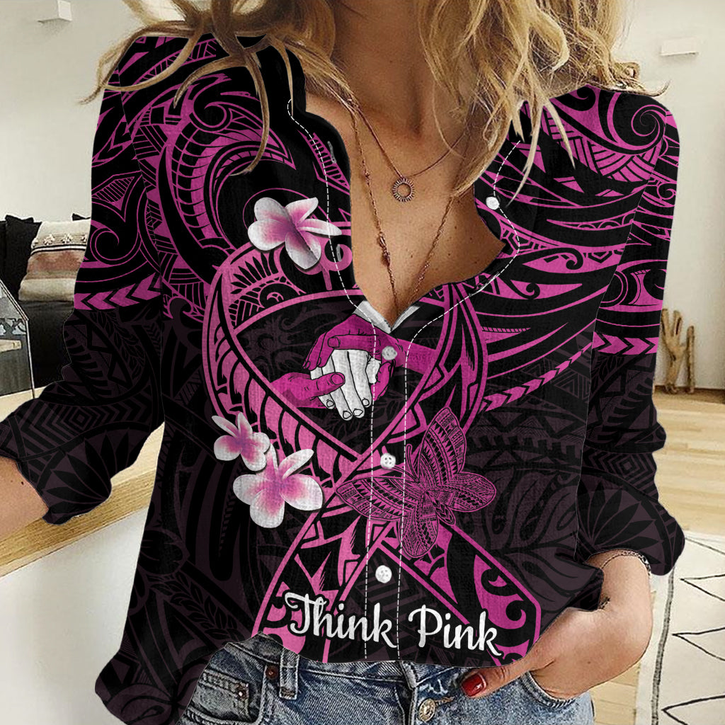 Polynesia Breast Cancer Awareness Women Casual Shirt Pink Ribbon No One Fights Alone - Black LT14 Female Black - Polynesian Pride