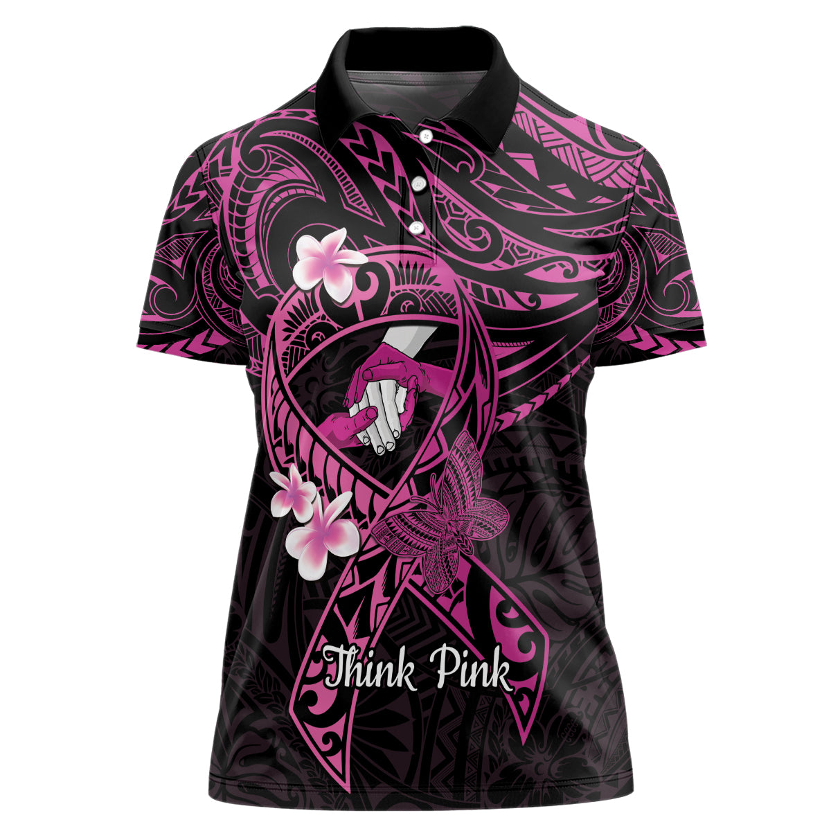 Polynesia Breast Cancer Awareness Women Polo Shirt Pink Ribbon No One Fights Alone - Black LT14 Female Black - Polynesian Pride