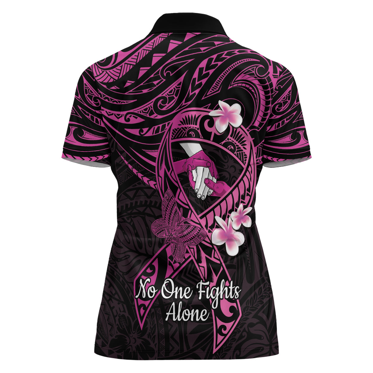 Polynesia Breast Cancer Awareness Women Polo Shirt Pink Ribbon No One Fights Alone - Black LT14 - Polynesian Pride