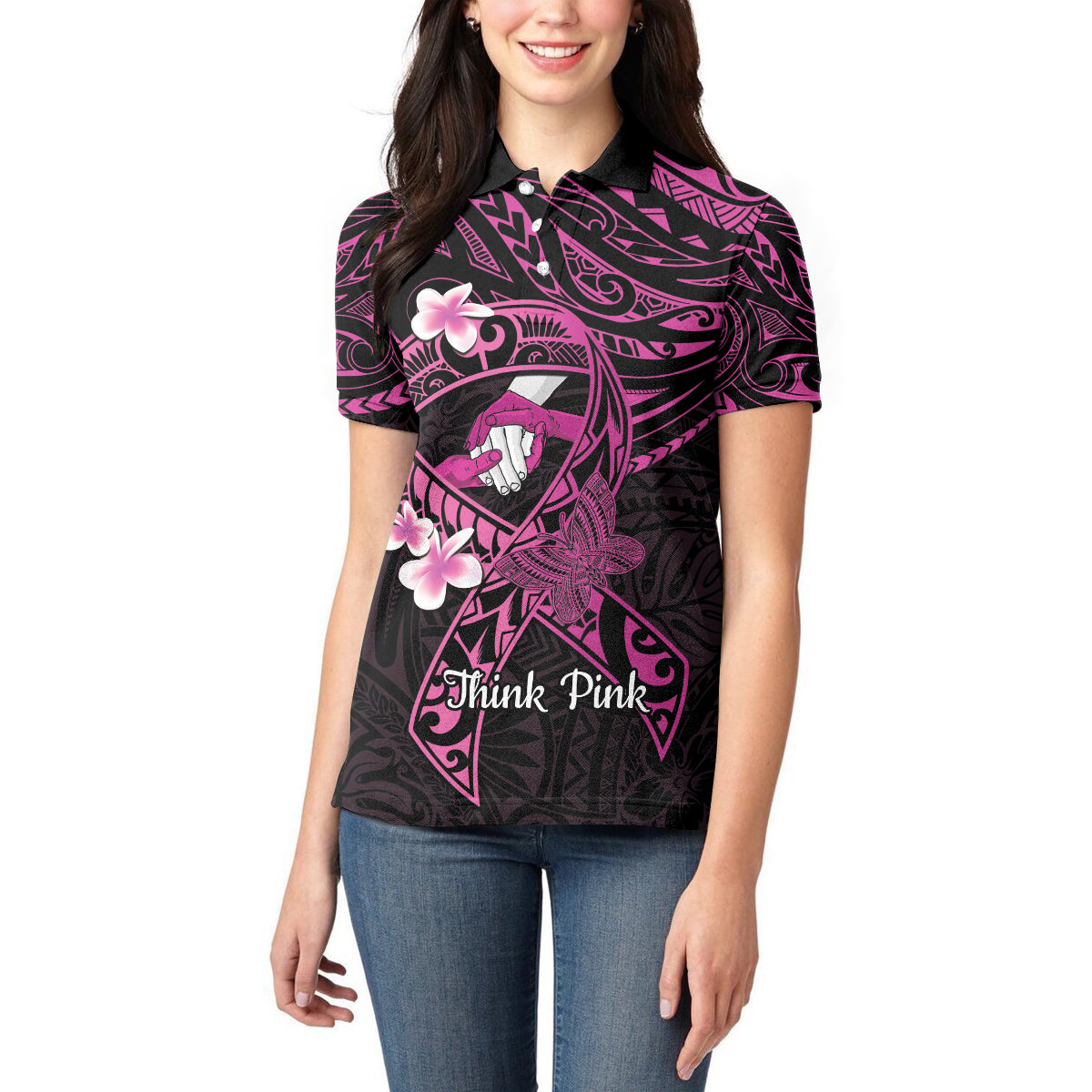Polynesia Breast Cancer Awareness Women Polo Shirt Pink Ribbon No One Fights Alone - Black LT14 - Polynesian Pride