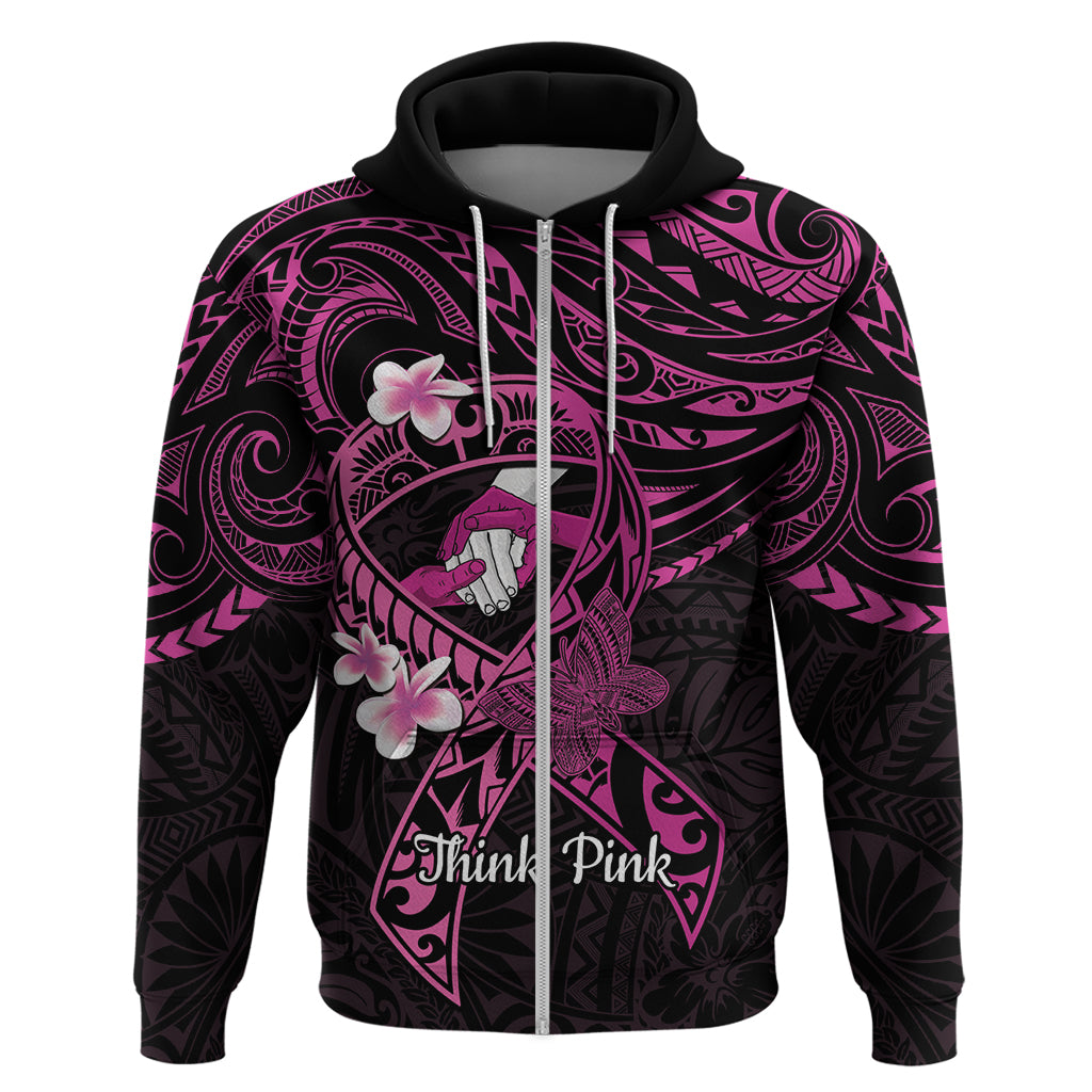 Polynesia Breast Cancer Awareness Zip Hoodie Pink Ribbon No One Fights Alone - Black LT14 Zip Hoodie Black - Polynesian Pride