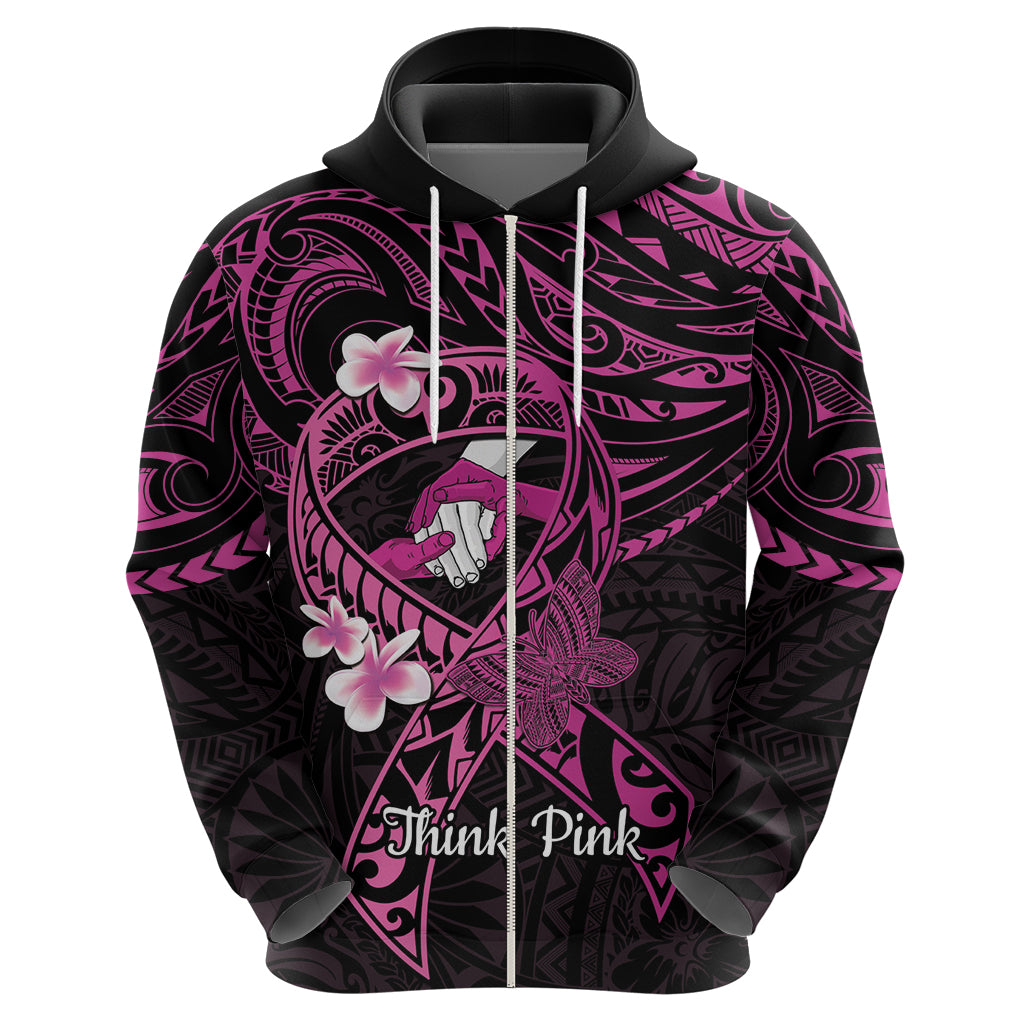 Polynesia Breast Cancer Awareness Zip Hoodie Pink Ribbon No One Fights Alone - Black LT14 - Polynesian Pride