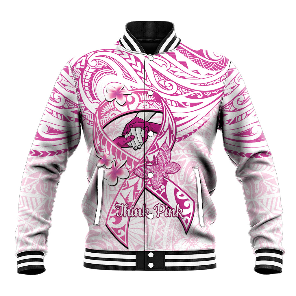 Polynesia Breast Cancer Awareness Baseball Jacket Pink Ribbon No One Fights Alone - White