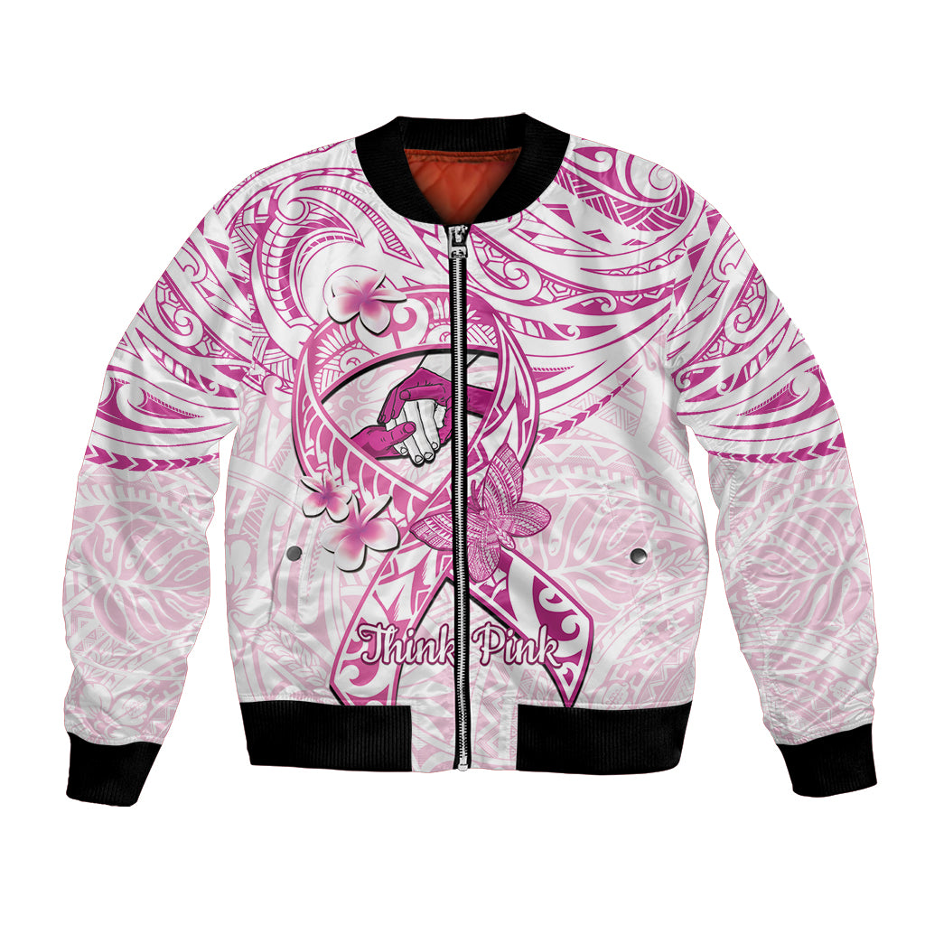 Polynesia Breast Cancer Awareness Bomber Jacket Pink Ribbon No One Fights Alone - White