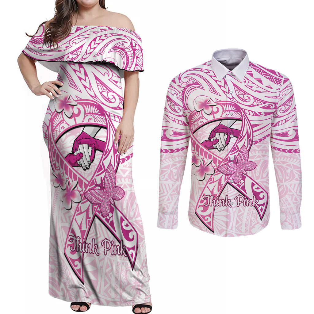 Polynesia Breast Cancer Awareness Couples Matching Off Shoulder Maxi Dress and Long Sleeve Button Shirt Pink Ribbon No One Fights Alone - White