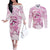 Polynesia Breast Cancer Awareness Couples Matching Off The Shoulder Long Sleeve Dress and Long Sleeve Button Shirt Pink Ribbon No One Fights Alone - White