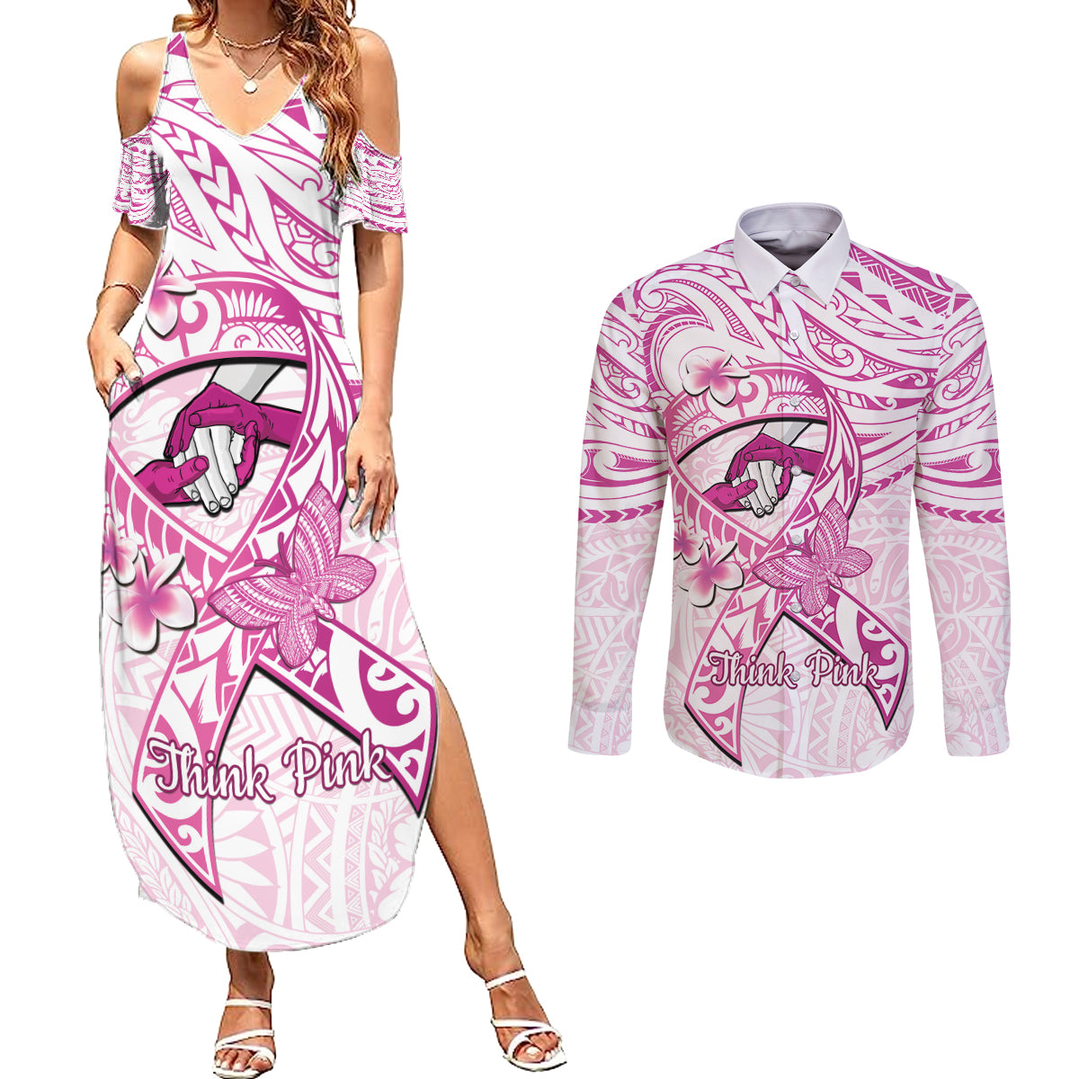 Polynesia Breast Cancer Awareness Couples Matching Summer Maxi Dress and Long Sleeve Button Shirt Pink Ribbon No One Fights Alone - White