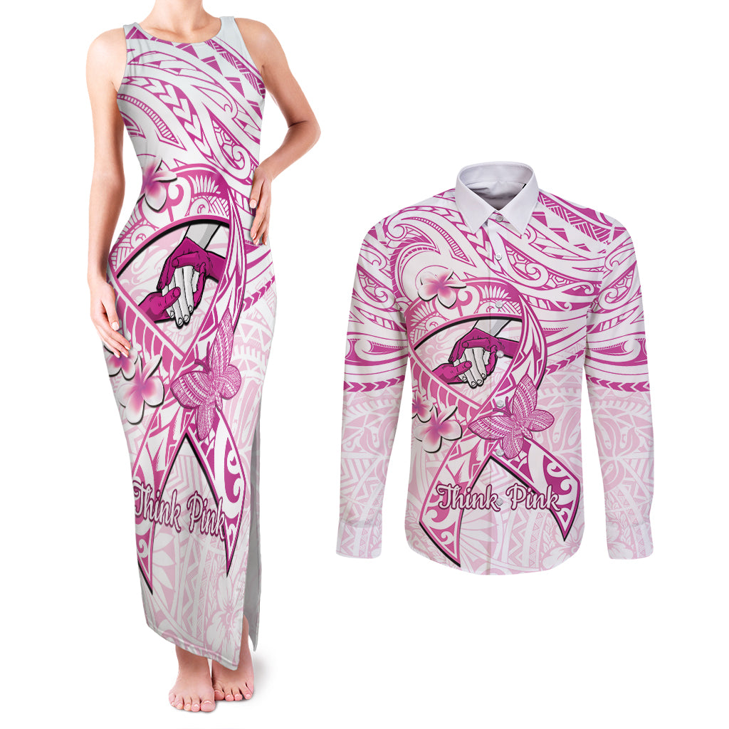 Polynesia Breast Cancer Awareness Couples Matching Tank Maxi Dress and Long Sleeve Button Shirt Pink Ribbon No One Fights Alone - White