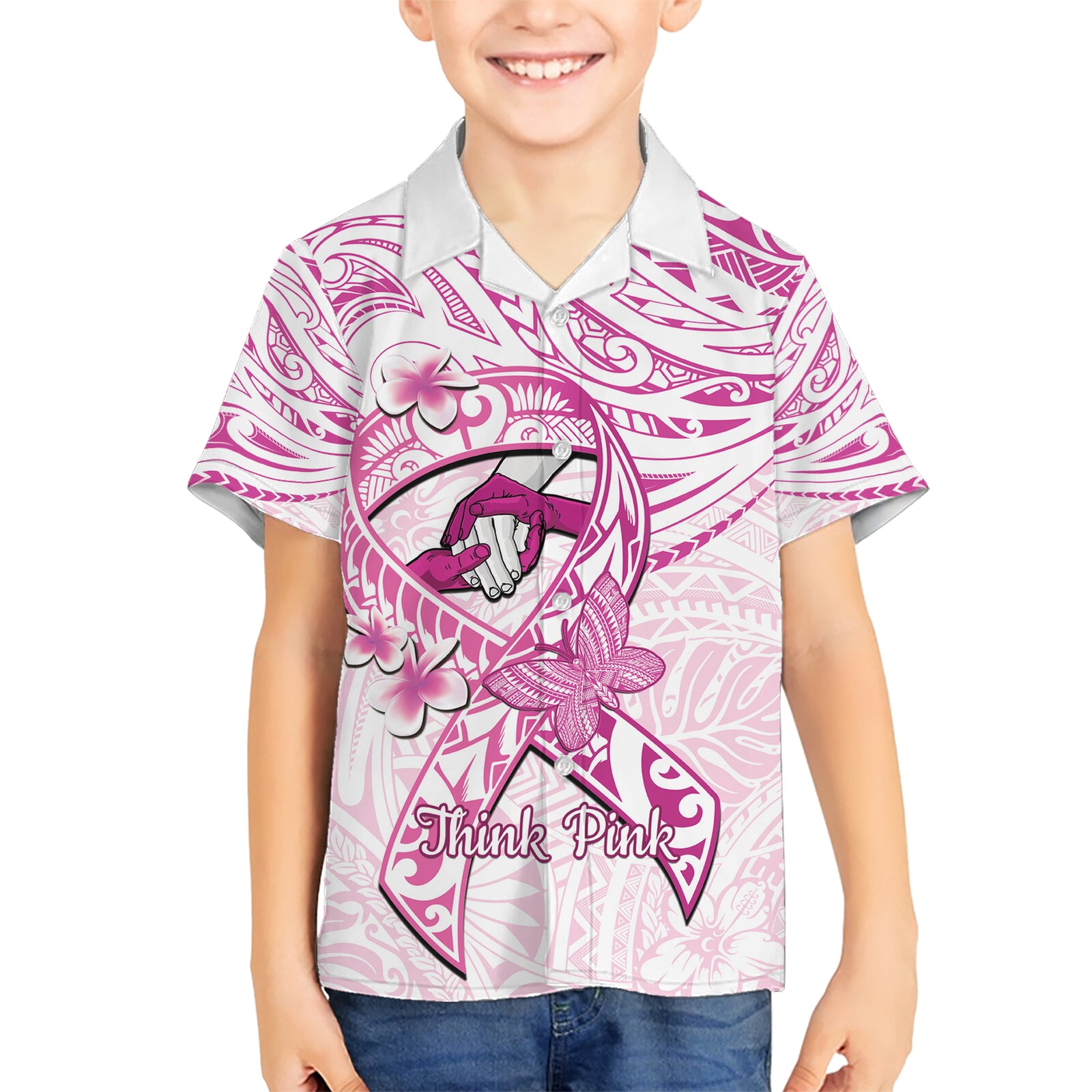 Polynesia Breast Cancer Awareness Kid Hawaiian Shirt Pink Ribbon No One Fights Alone - White LT14 Kid White - Polynesian Pride