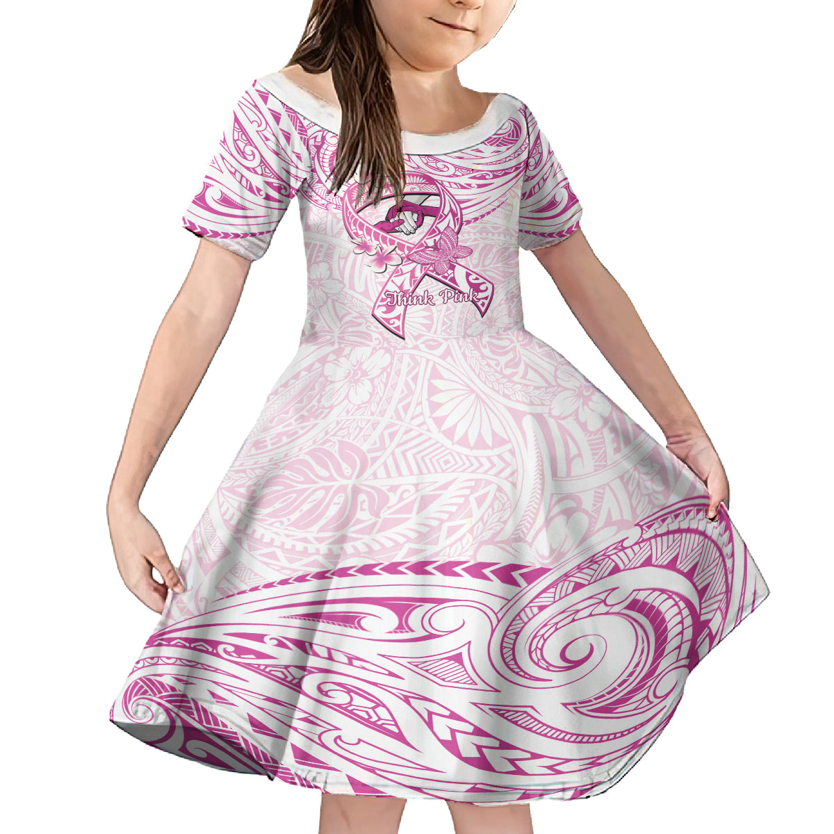 Polynesia Breast Cancer Awareness Kid Short Sleeve Dress Pink Ribbon No One Fights Alone - White