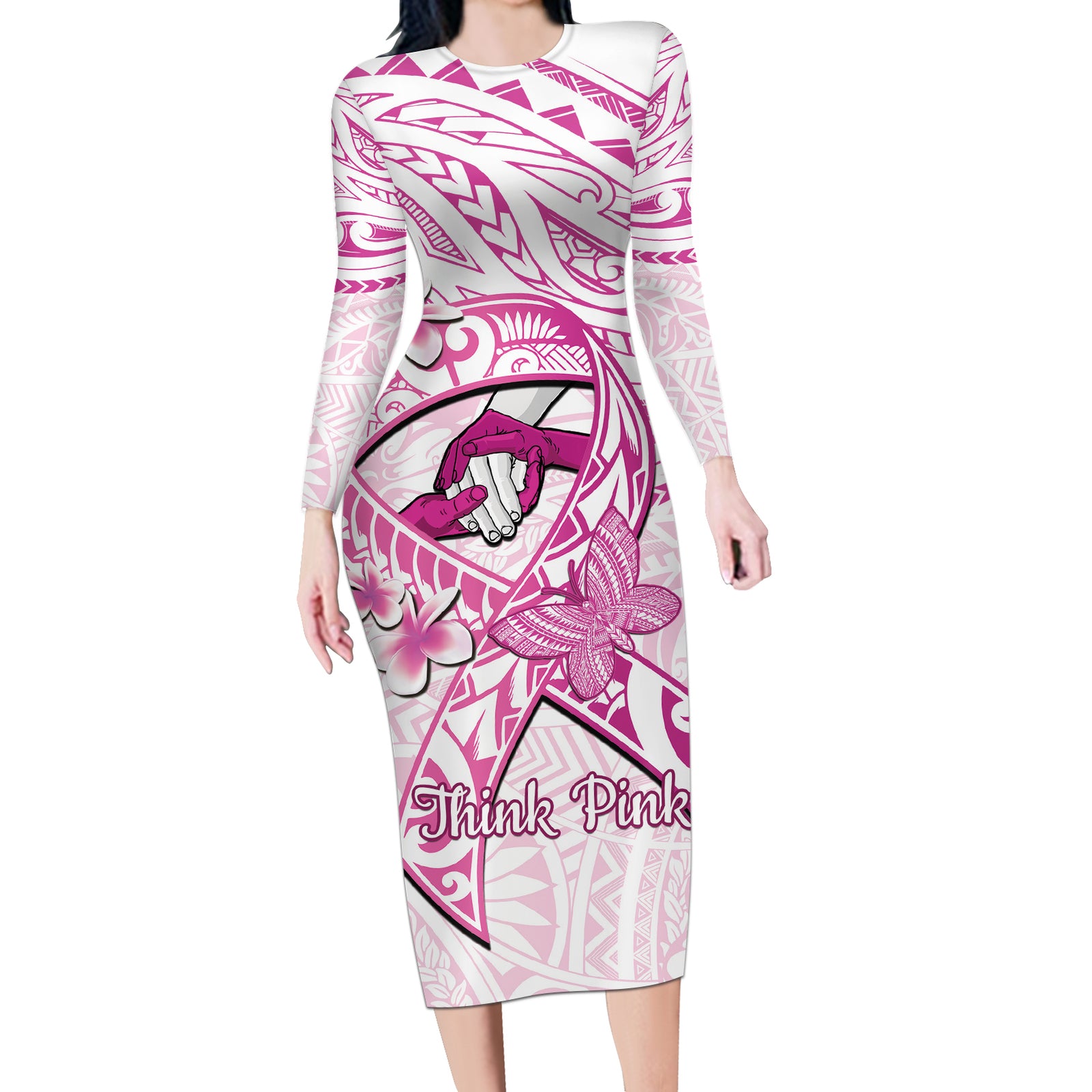 Polynesia Breast Cancer Awareness Long Sleeve Bodycon Dress Pink Ribbon No One Fights Alone - White LT14 Long Dress White - Polynesian Pride