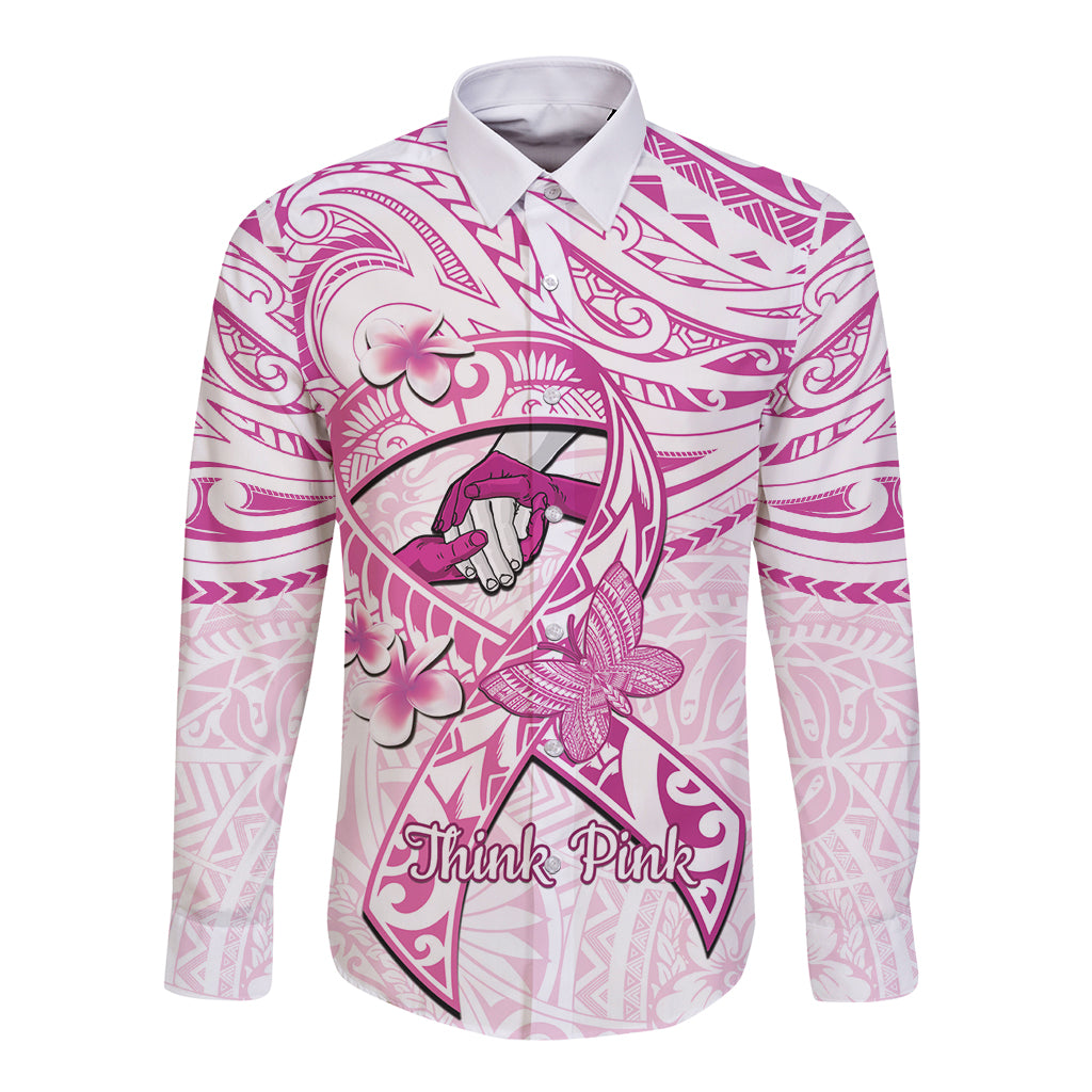 Polynesia Breast Cancer Awareness Long Sleeve Button Shirt Pink Ribbon No One Fights Alone - White LT14 Unisex White - Polynesian Pride