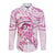 Polynesia Breast Cancer Awareness Long Sleeve Button Shirt Pink Ribbon No One Fights Alone - White