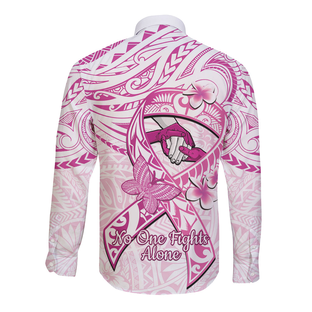 Polynesia Breast Cancer Awareness Long Sleeve Button Shirt Pink Ribbon No One Fights Alone - White LT14 - Polynesian Pride