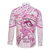 Polynesia Breast Cancer Awareness Long Sleeve Button Shirt Pink Ribbon No One Fights Alone - White LT14 - Polynesian Pride