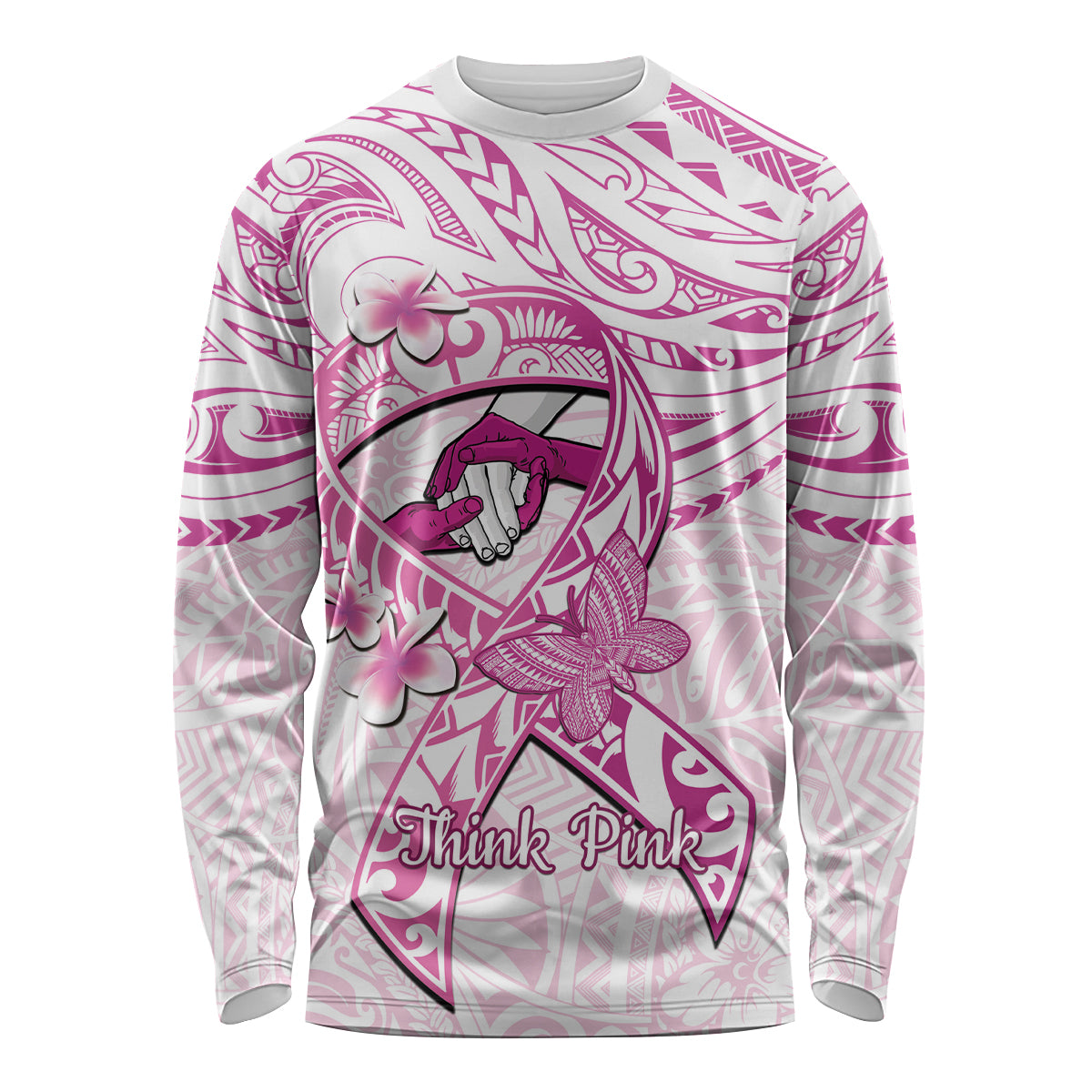 Polynesia Breast Cancer Awareness Long Sleeve Shirt Pink Ribbon No One Fights Alone - White LT14 Unisex White - Polynesian Pride