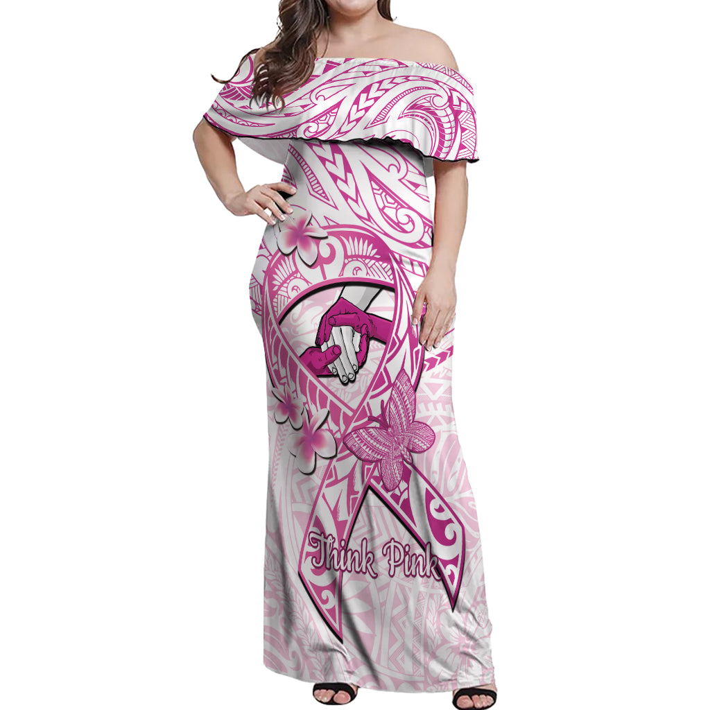 Polynesia Breast Cancer Awareness Off Shoulder Maxi Dress Pink Ribbon No One Fights Alone - White LT14 Women White - Polynesian Pride