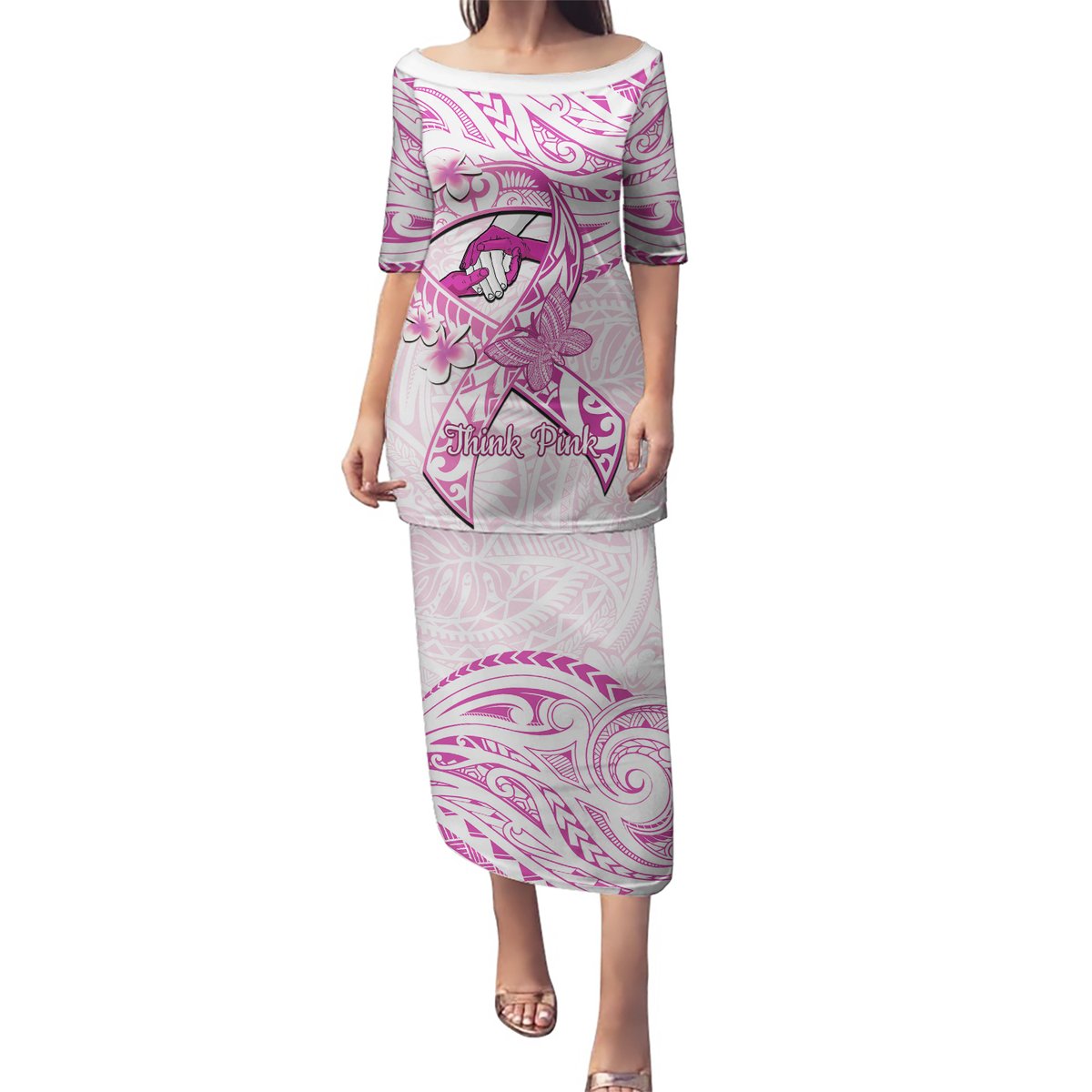 Polynesia Breast Cancer Awareness Puletasi Pink Ribbon No One Fights Alone - White LT14 Long Dress White - Polynesian Pride