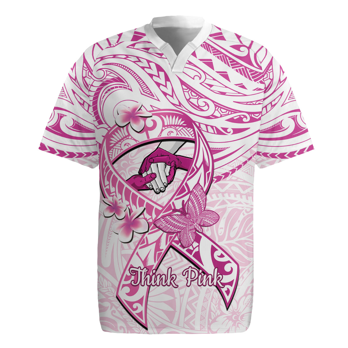 Polynesia Breast Cancer Awareness Rugby Jersey Pink Ribbon No One Fights Alone - White