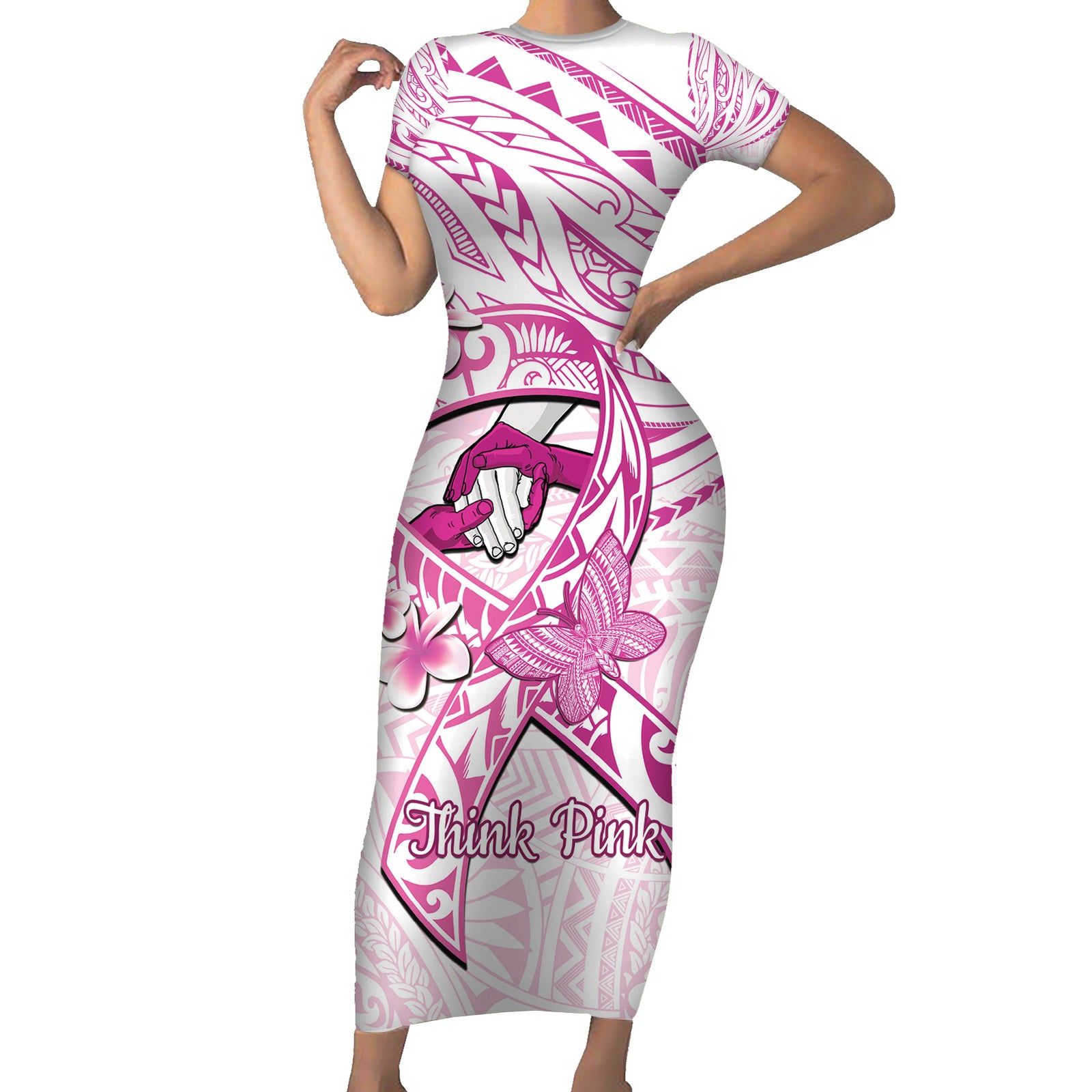 Polynesia Breast Cancer Awareness Short Sleeve Bodycon Dress Pink Ribbon No One Fights Alone - White LT14 Long Dress White - Polynesian Pride