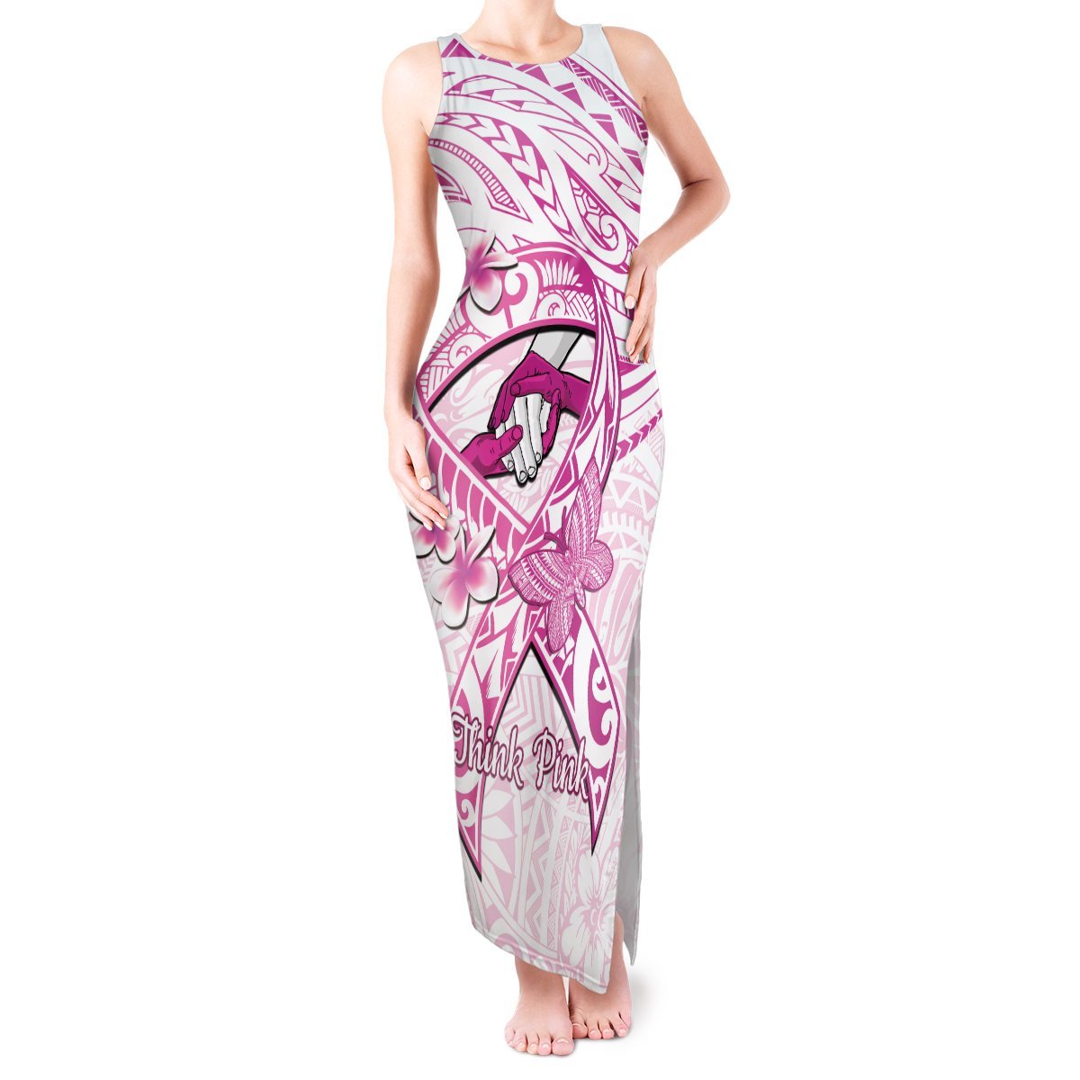 Polynesia Breast Cancer Awareness Tank Maxi Dress Pink Ribbon No One Fights Alone - White LT14 Women White - Polynesian Pride