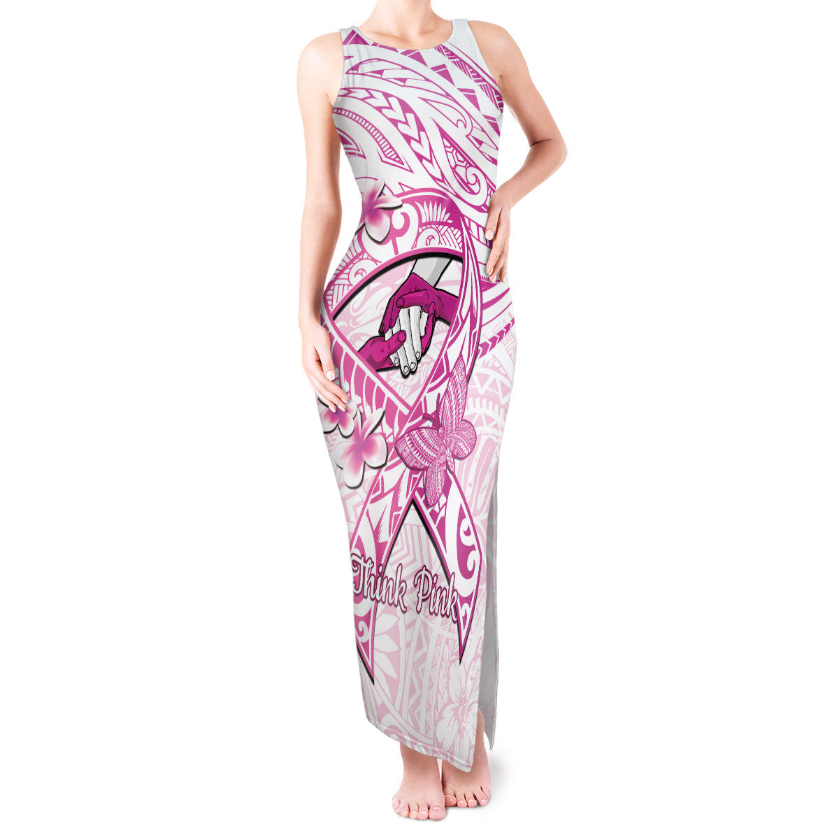 Polynesia Breast Cancer Awareness Tank Maxi Dress Pink Ribbon No One Fights Alone - White