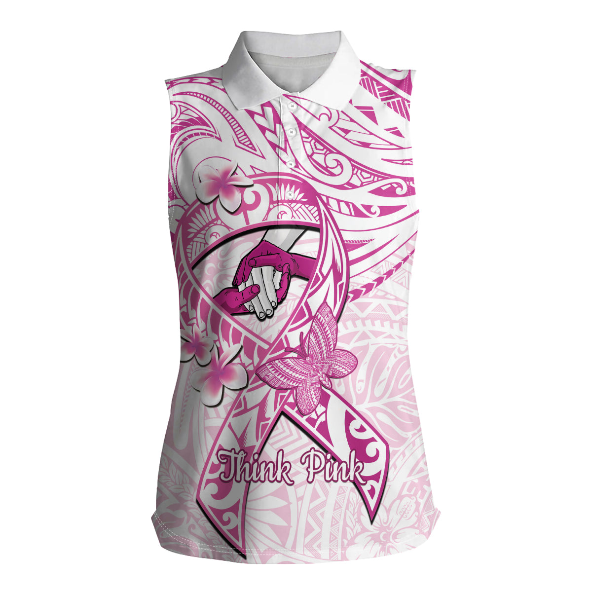 Polynesia Breast Cancer Awareness Women Sleeveless Polo Shirt Pink Ribbon No One Fights Alone - White