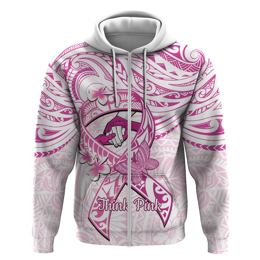 Polynesia Breast Cancer Awareness Zip Hoodie Pink Ribbon No One Fights Alone - White LT14 Zip Hoodie White - Polynesian Pride