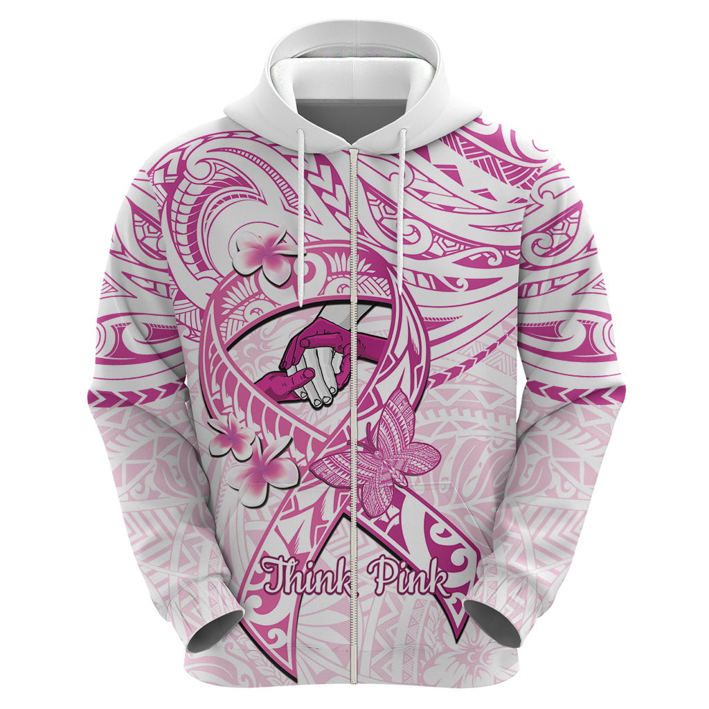 Polynesia Breast Cancer Awareness Zip Hoodie Pink Ribbon No One Fights Alone - White LT14 - Polynesian Pride