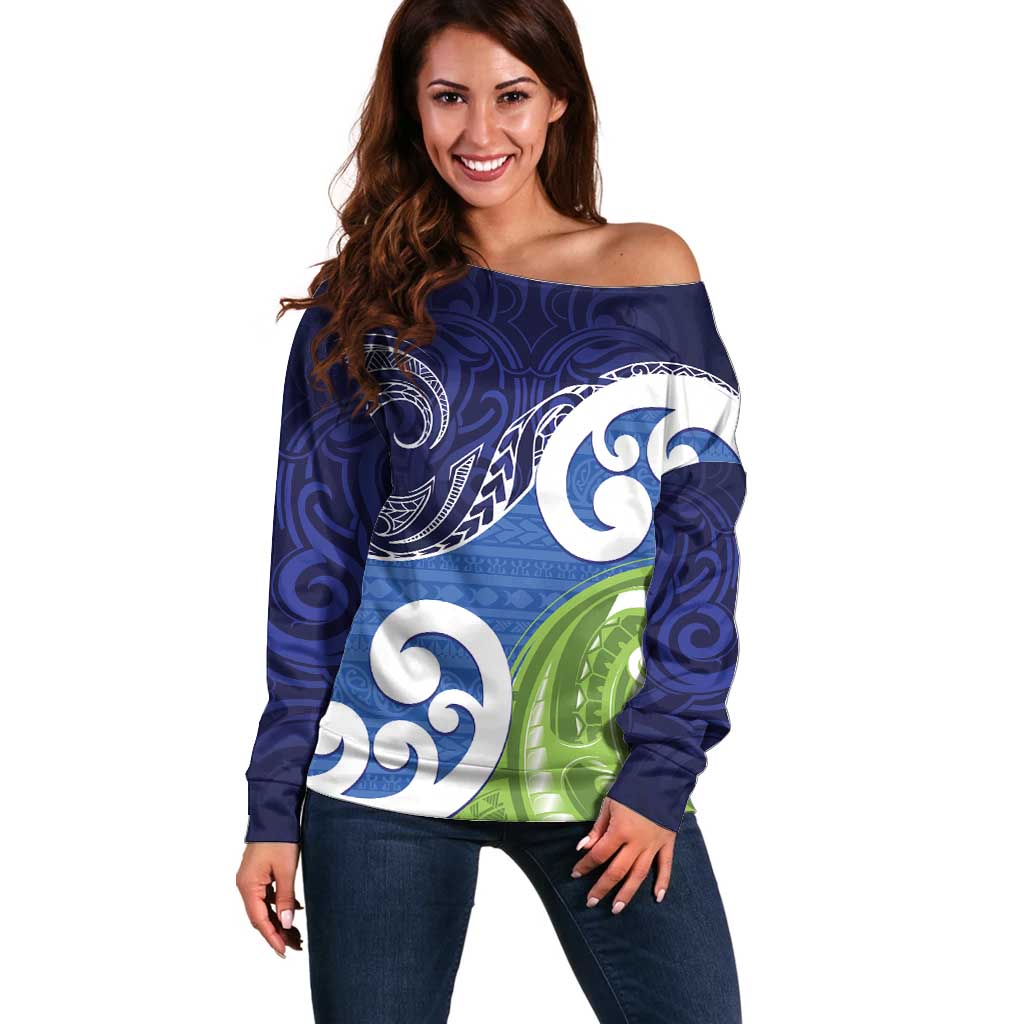Southland New Zealand Off Shoulder Sweater Maori Koru Flag Color LT14 Women Blue - Polynesian Pride