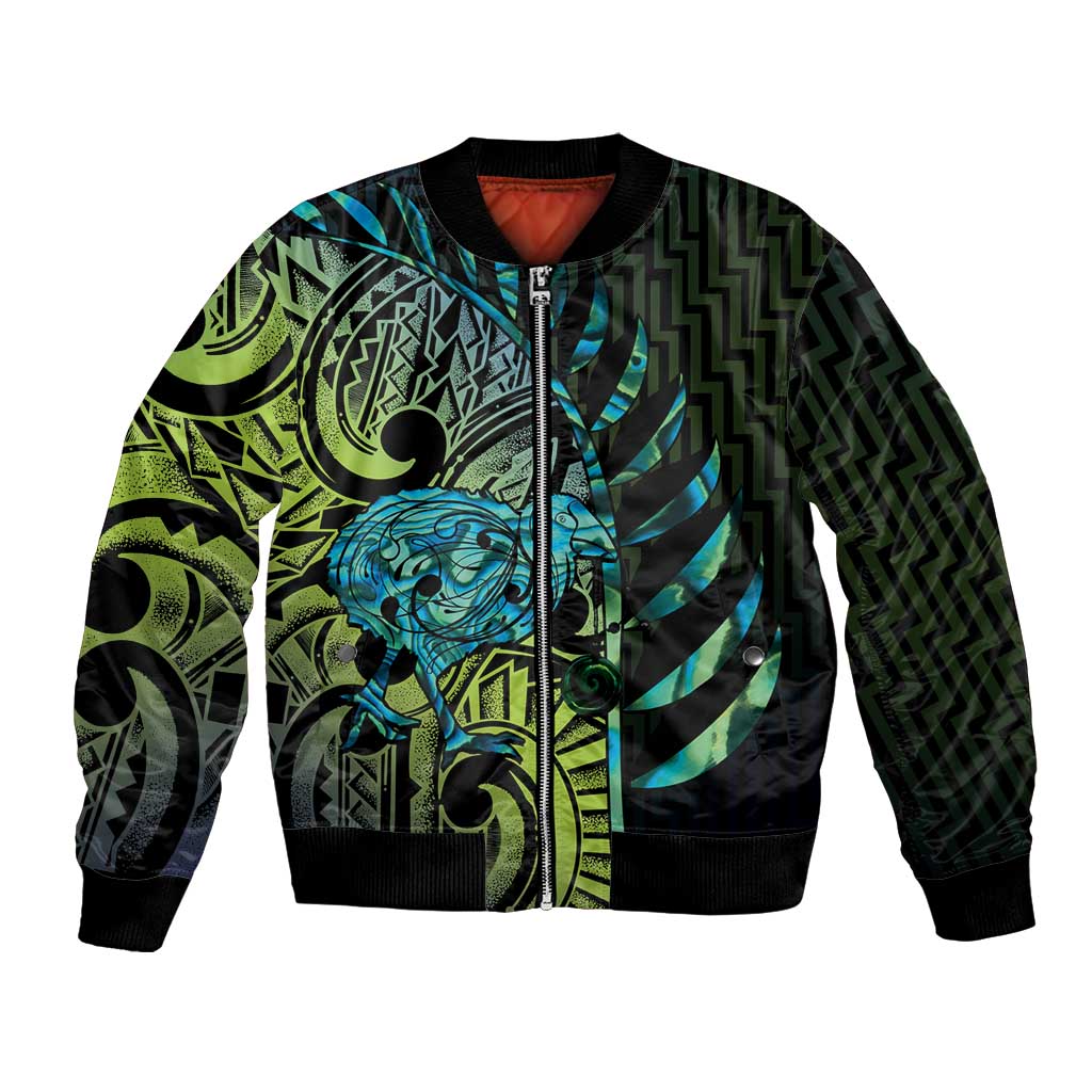 Southland Takehe Pounama Bomber Jacket Aotearoa Poutama Paua Shell Fern LT14 Unisex Black - Polynesian Pride