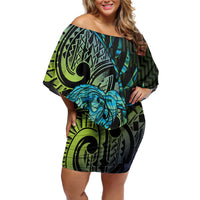 Southland Takehe Pounama Off Shoulder Short Dress Aotearoa Poutama Paua Shell Fern LT14 Women Black - Polynesian Pride